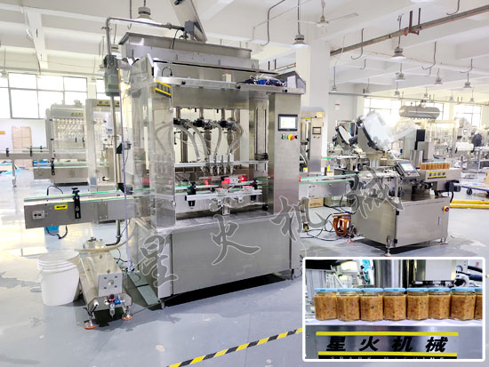 瓶装牛肉酱灌装真空旋盖生产线实拍展示